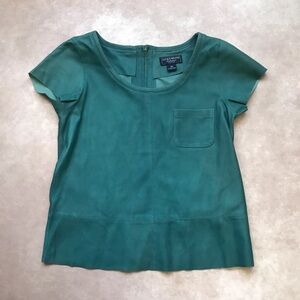 NWOT Lucky Brand 100% Goat Leather Teal Top Short Sleeve Front Pocket Back Zip